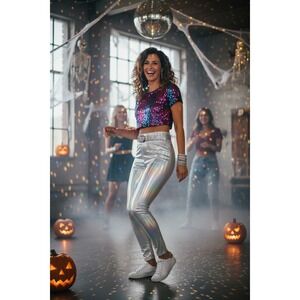 NEW Holographic Small‎ Silver Costume Leggings Shiny Metallic Stretch Pants